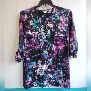 Jaclyn Smith Women's Purple Multi Roll Tab Sleeve Shirt Button up XXL